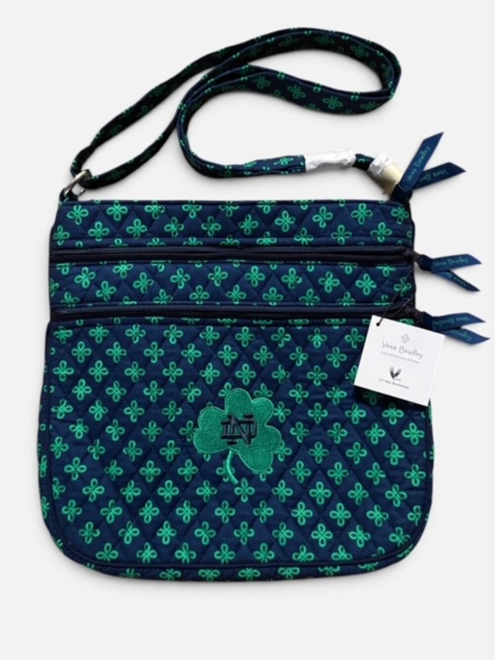 Vera Bradley Notre Dame Triple Zip Hipster Crossbody Navy/Kelly Green Bag NWT!!!